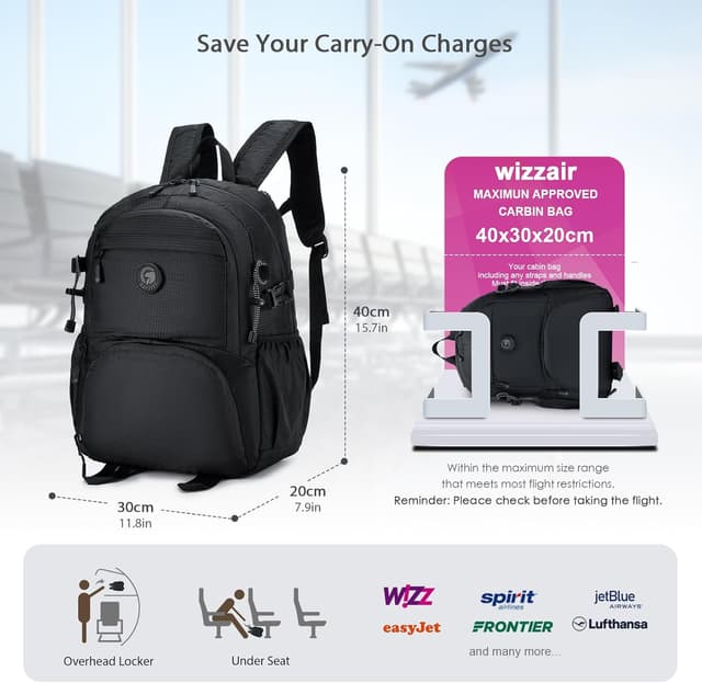 Detalle de BAGZY Ryanair cabin bag 40x30x20 foldable travel backpack (25L) – lightweight under-seat flight bag