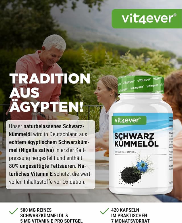 Detalle de vit4ever Schwarzkümmelöl – 420 Kapseln (Ägyptisch, naturbelassen & kaltgepresst)