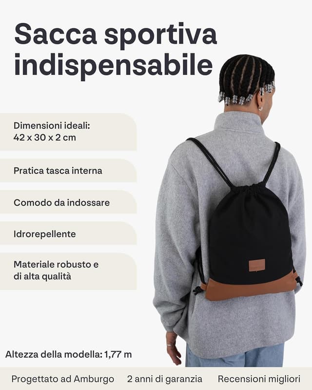 Detalle de Johnny Urban Zaino con cordoncino Luke in cotone idrorepellente: borsa sportiva per festival e palestra