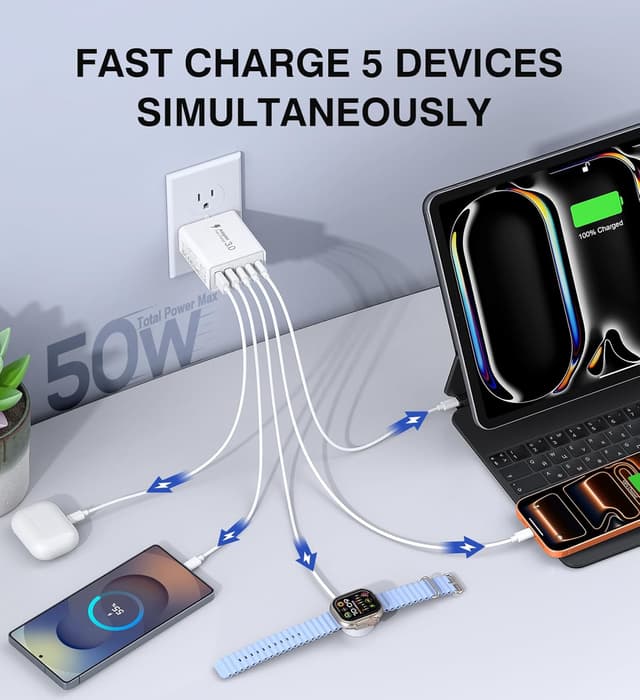 Detalle 2 de Qwinjwin 2-Pack 50W 5-Port USB Wall Charger (2 USB-A + 3 USB-C, White)