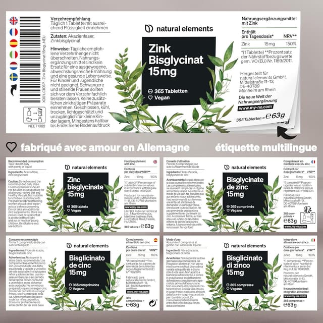 Detalle de Zinc Bisglycinate Pur 15 mg – 365 comprimés végétaliens (zinc pour l’immunité et la peau)