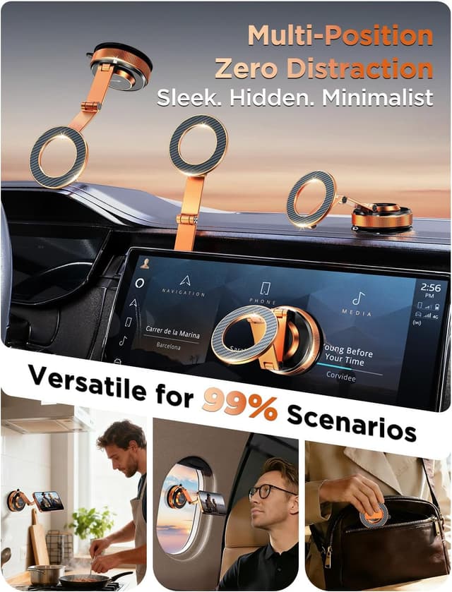 Detalle 2 de MSXTTLY Vmag S3 Magnetic Car Phone Holder (Zinc Alloy, Dual-Fold Long Arm, Nano Suction Base) – Orange