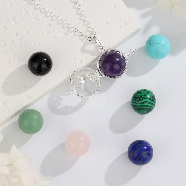 Detalle de INFUSEU Lebensbaum-Kette mit austauschbaren Steinen – Anhänger mit Malachit, Obsidian, Karneol, Türkis, Amethyst & mehr