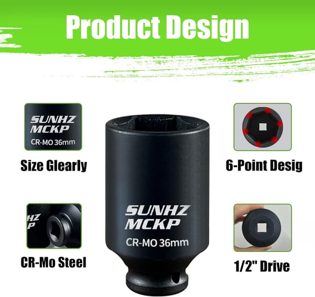 Detalle 2 de SUNHZ MCKP 1/2" Drive Deep Impact Socket Set (17-Piece) for Axle Nuts, CR-MO, SAE + Metric