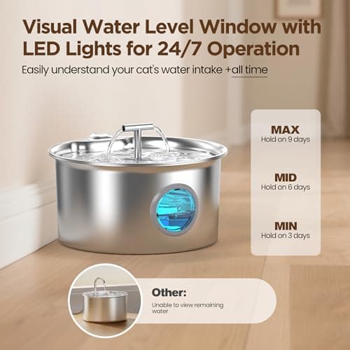 Detalle de UMOCUOY fuente de agua para gatos de acero inoxidable 304 con cuenco dispensador automático y doble caño (2,6 L)