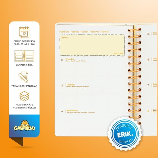 Detalle 2 de Grupo Erik Agenda escolar 2025-2026 Semana Vista A5 Garfield