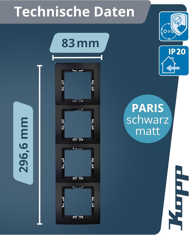 Detalle 2 de Kopp PARIS 4-fach Abdeckrahmen in Matt-Schwarz (8,3 x 29,6 cm) für Steckdosen & Schalter