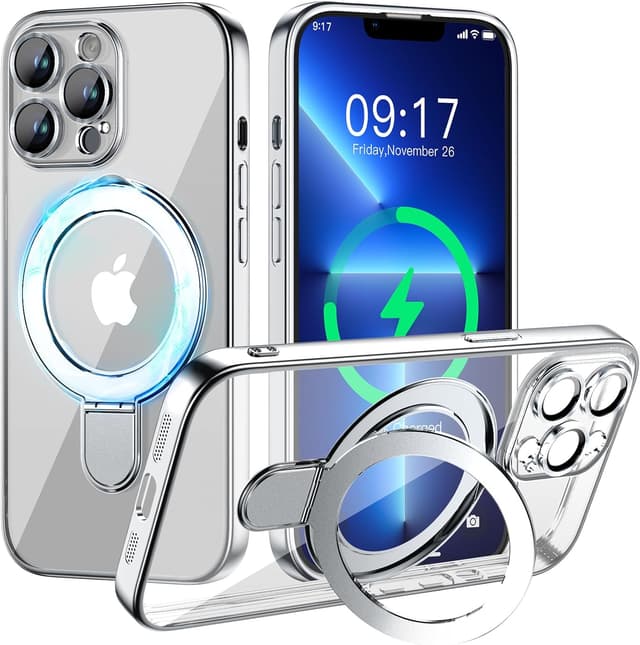 Thumbnail 6 de Pmteyoim Magnetic iPhone 13 Case with Invisible Stand, Full Camera Lens Protector & Military Drop Protection (Clear Slim Gold)