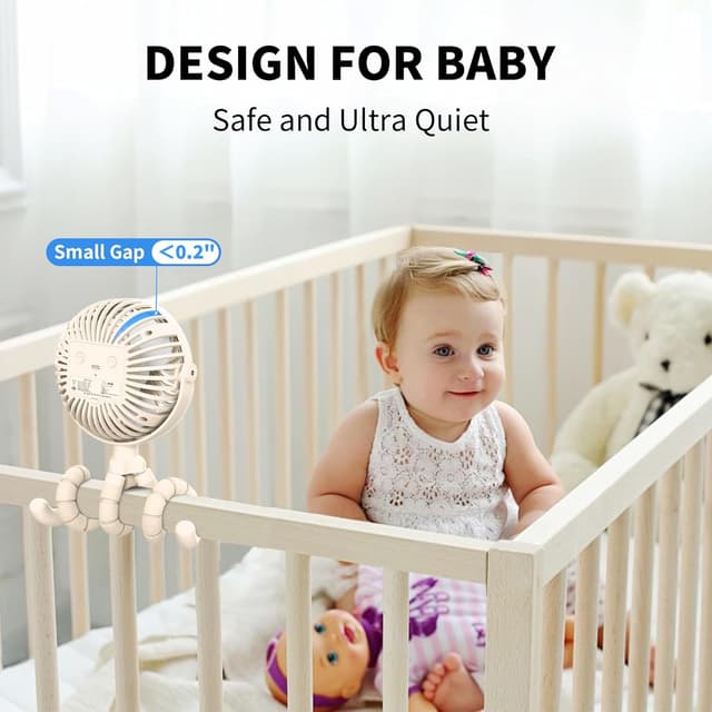 Detalle 2 de Amacool Pram Fan – Battery Operated Clip-On Stroller Fan with 3 Speeds, Rotatable Head & Flexible Tripod Legs (White)