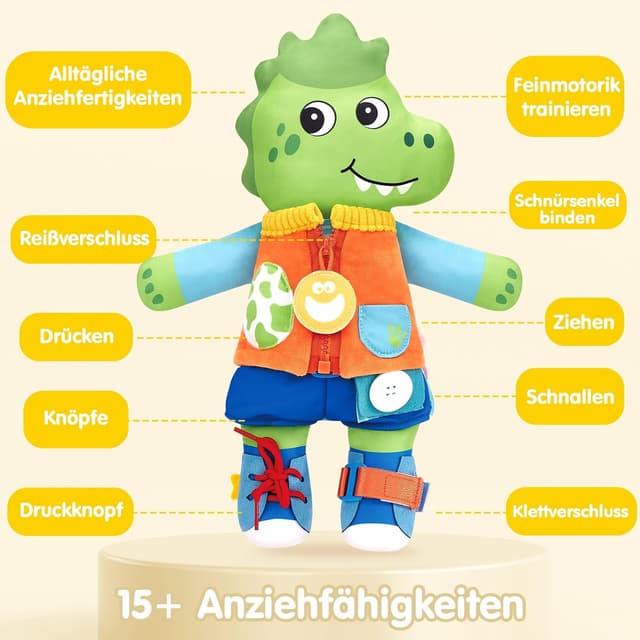 Detalle de hahaland Montessori Doppelpuppe Dino-Einhorn mit 15 Alltagsfähigkeiten (ab 1 Jahr)