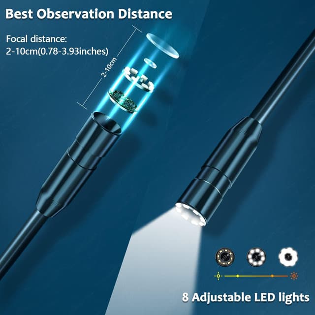 Detalle de SKYBASIC Industrial Endoskop mit 4,3-Zoll-Display, 8-LEDs und 8-mm-Rohrkamera (IP67) – 5-m-Kabel