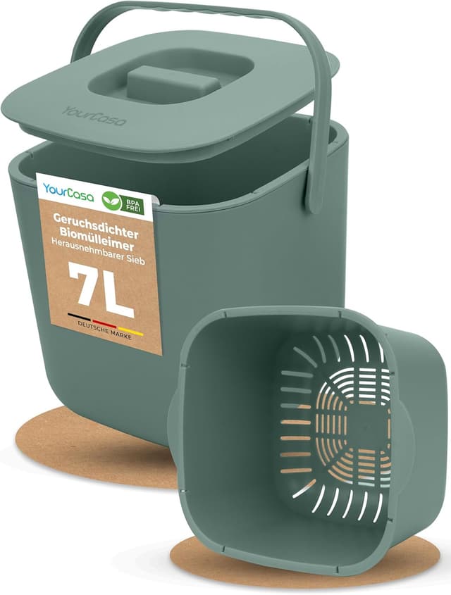 Detalle de YourCasa Biomülleimer Küche 7 l mit herausnehmbarem Sieb & Deckel (mint) – kompostierbarer Bioabfall ohne Beutel