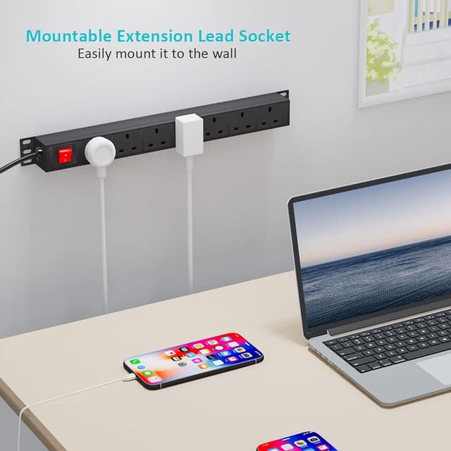 Detalle 2 de Extension Lead Surge Protection 7-Way Power Strip with Switch, 3m Cable (13A) – Horizontal Rack/Wall Mount PDU