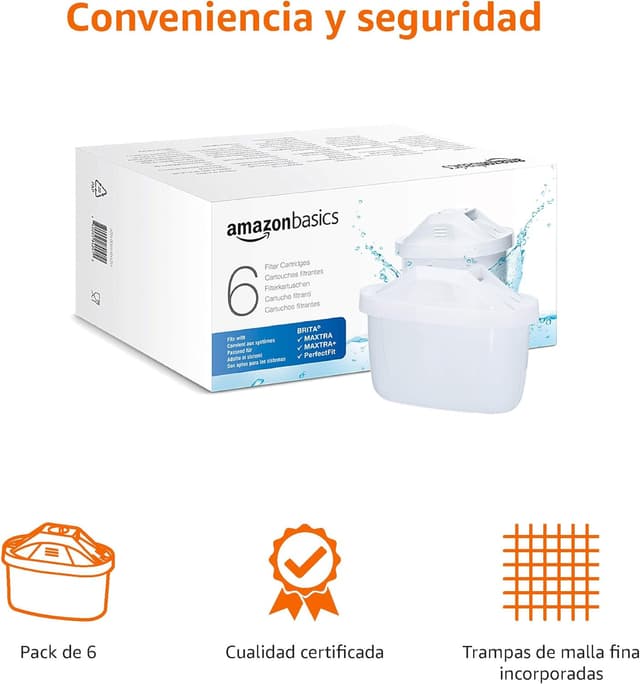 Detalle 1 de Amazon Basics Cartuchos filtrantes para jarras BRITA, 6 unidades 💧
