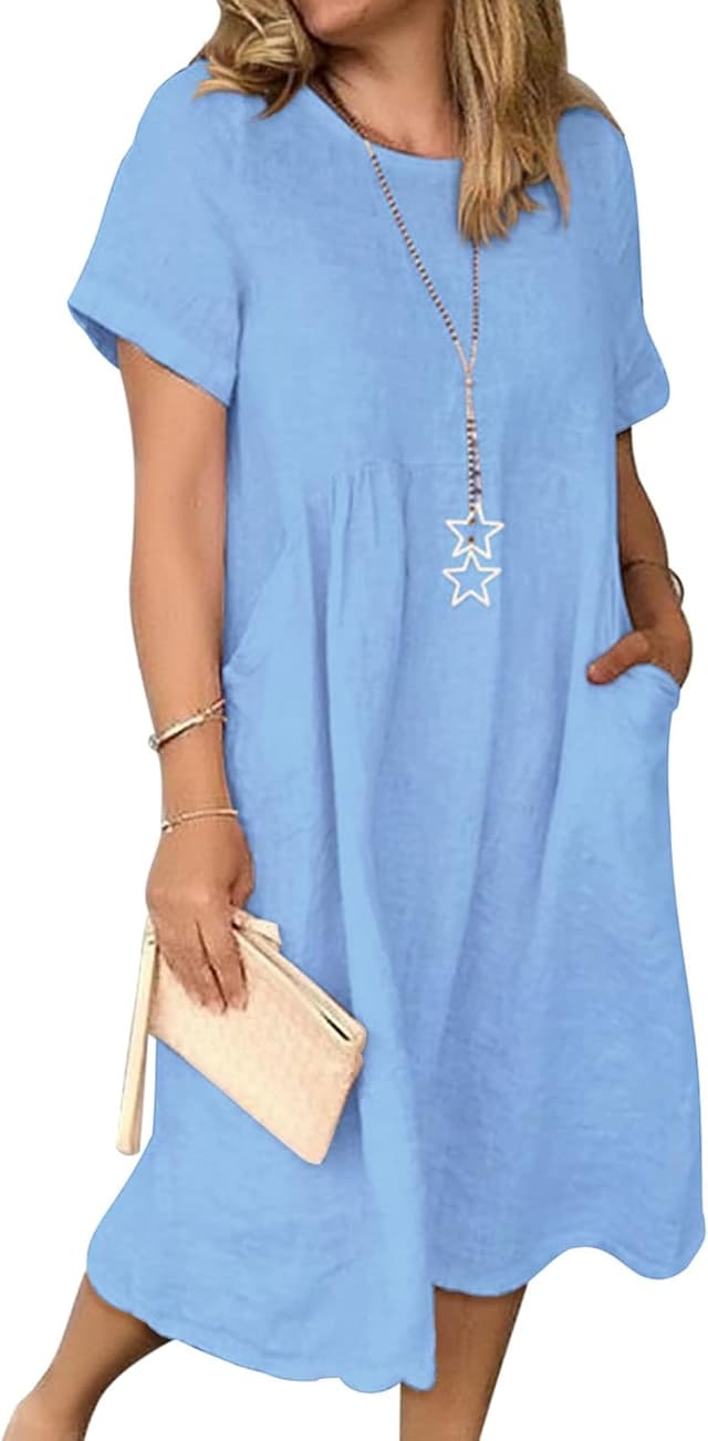 Detalle de Tincini Sommerkleid Damen Leinen-Mix mit V-Ausschnitt und A-Linie (Midikleid, Kurzarm)