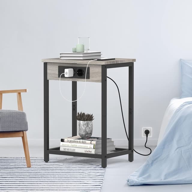 Detalle de YBING Nachttisch mit Ladestation (schmal) – 2 Steckdosen & 2 USB-Anschlüsse, schwarz