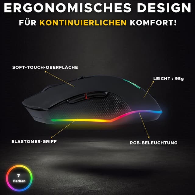 Detalle de THE G-LAB Kult Helium USB-Gamer-Maus (kabelgebunden) mit 800–6400 DPI, optischem Sensor & 7-farbiger LED