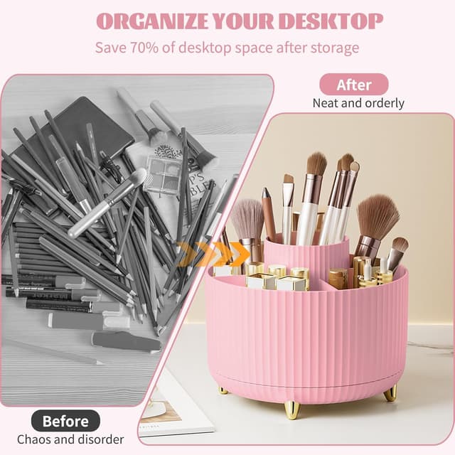 Detalle 2 de 360° Rotating Makeup Organiser with 5 Compartments (Pink) – desk brush holder and stationery storage