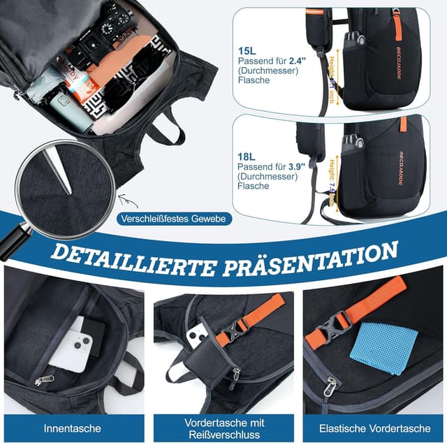 Detalle de BECOJADDE 18L Wanderrucksack faltbar – leichter Daypack mit Handytasche und Diebstahlfach, schwarz