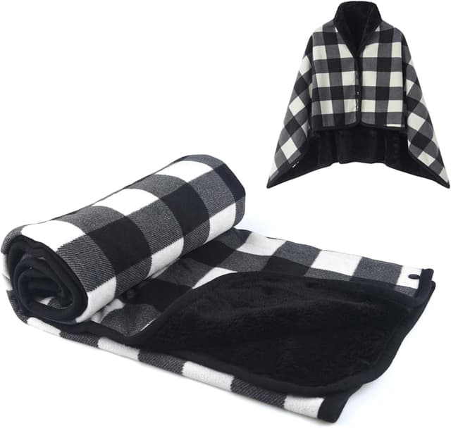 Detalle de SIVENKE Damen Poncho Fleece als tragbare Decke mit Knöpfen – kariertes Wickel-Überwurf im Poncho-Design
