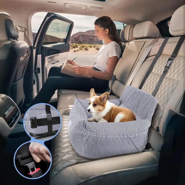 Thumbnail 6 de CALIYO Hundeautositz mit stabiler Basis, Sicherheitsgurt & Memory-Foamauflage (blau/weiß) – für Hunde bis 10 kg