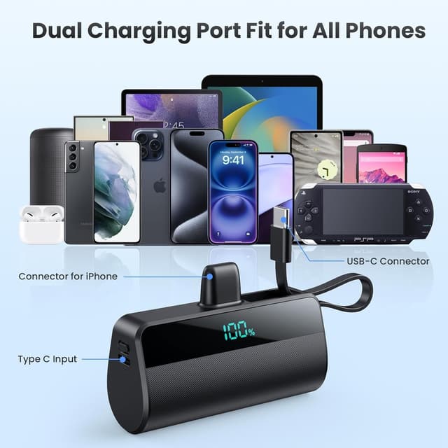 Detalle de Mini Portable Charger for iPhone (5500mAh) – 20W PD Power Bank with Built-in USB-C Port, 2 Outputs (Black)