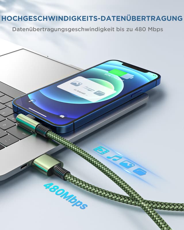 Detalle de Yosou Lightning Ladekabel (90°) mit MFi-Zertifizierung – 3er Set, je 2 m