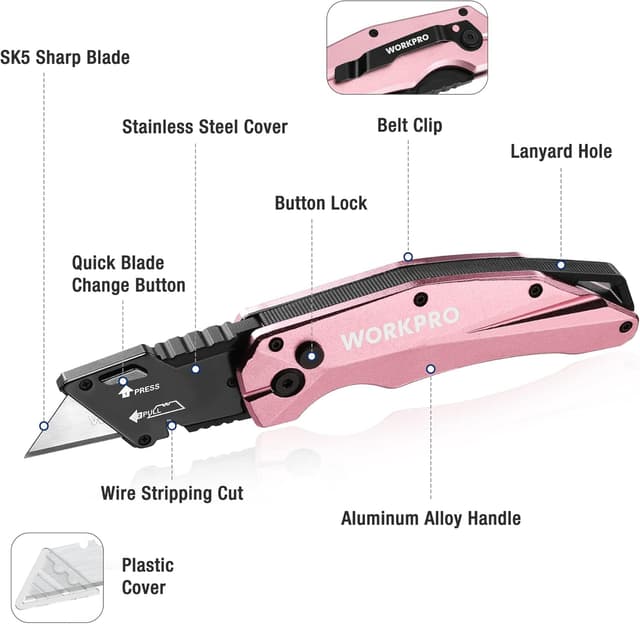 Detalle de WORKPRO Cutter Professionnel Pliant rose avec mécanisme de changement rapide et 10 lames SK5