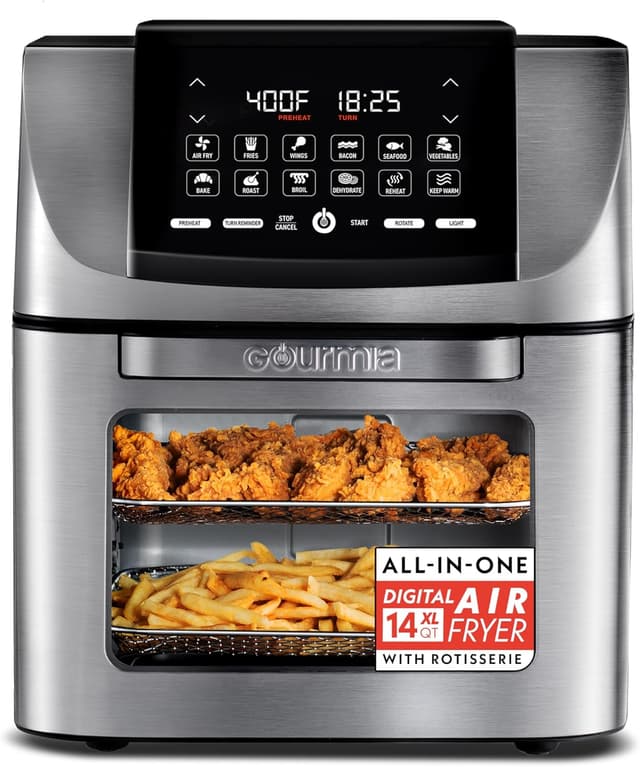 Detalle de Gourmia 14 Qt Air Fryer All-in-One Rotisserie Oven with Digital Display, 12 Presets, 1750W