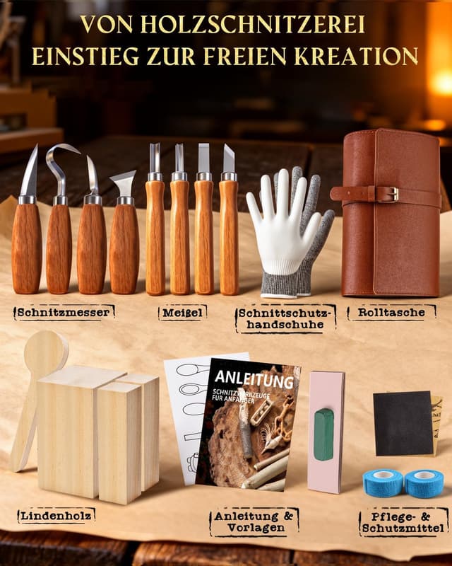 Detalle de Bluvizo Schnitzwerkzeug Holz Schnitzset für Anfänger (25-teilig) inkl. Anleitung, Handschuhe und Lindenholz