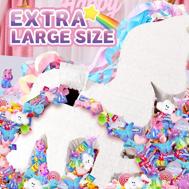Detalle 2 de 24" Large Rainbow Unicorn Piñata for Birthday Parties — White Magical Unicorn Party Decoration with Gold Horn