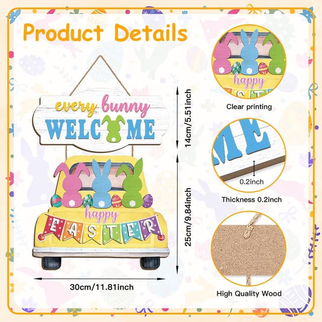 Detalle 2 de HPNIUB Happy Easter Rabbit Welcome hanging front door sign (wood plaque with rope)