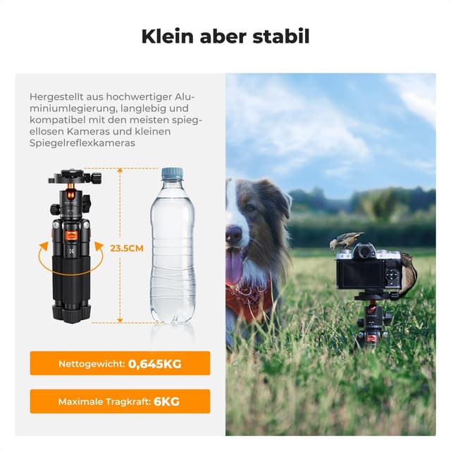 Detalle de K&F CONCEPT Mini Stativ (55 cm) aus Aluminium mit 360° Kugelkopf – faltbar, 1/4“-Platte, max. 6 kg