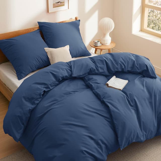 Detalle de Bedsure Bettwäsche 135x200 aus Baumwolle, 4-teilig (Bettbezug + 2 Kissenbezüge 80x80), blau, mit Reißverschluss