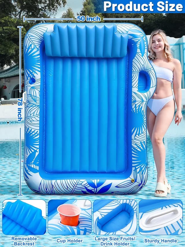 Detalle 2 de TURNMEON Inflatable Tanning Pool Lounger Float with Sprinkler (78"x50") — Pink/Blue, 2-Person Beach & Pool Float with Cup & Food Tray