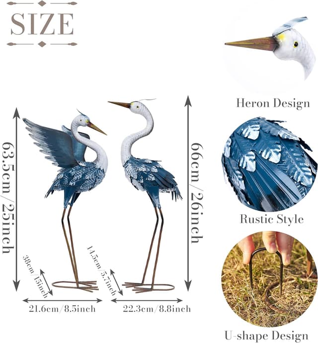 Detalle de TERESA'S COLLECTIONS Large Garden Ornaments: 2pc Lifelike Metal Heron Statues for Outdoor Ponds (26 inch)