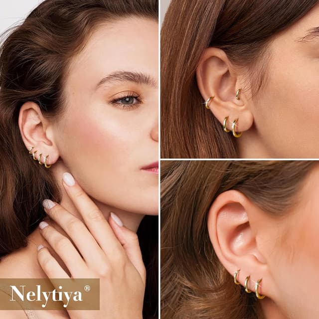 Detalle de Nelytiya 4 Paar Creolen Set aus 925 Silber – kleine Creolen Silber 925 (6/8/10/12 mm), hypoallergen