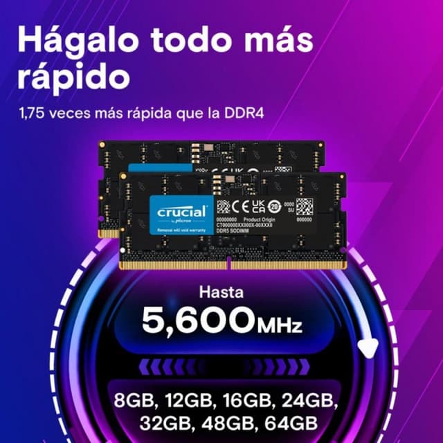 Detalle 2 de Crucial CT64G56C46S5: módulo de RAM DDR5 de 64GB 5600MHz SO-DIMM con ECC (262 pines)