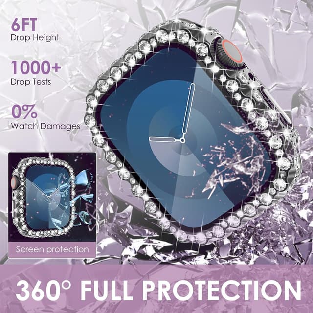 Detalle de Fullife 2 in 1 Waterproof Bling Case for Apple Watch 41mm (Series 7/8/9) – Black lace rhinestone screen protector