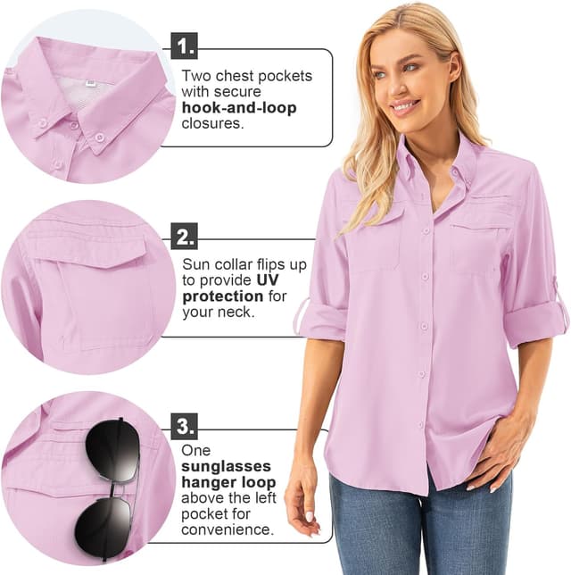 Detalle de Women’s UPF 50+ UV Sun Protection Safari Shirt (Long Sleeve, Quick-Dry) for Hiking, Fishing, Gardening