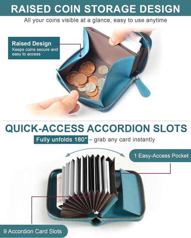 Detalle 2 de Jexmigo RFID Blocking Genuine Leather Wallet for Women with 12 Card Slots and YKK Zip Coin Purse