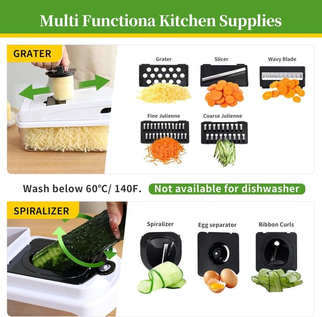 Detalle 2 de 18-in-1 Vegetable Chopper Mandoline Slicer with Container (18 interchangeable stainless steel blades)