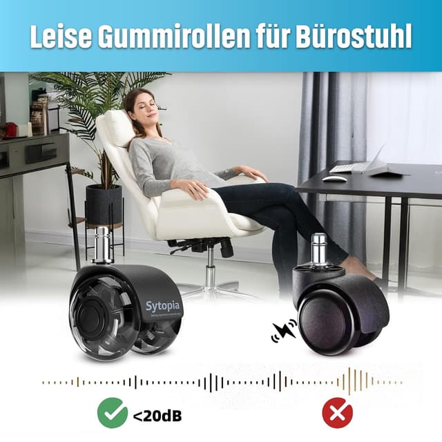 Detalle de Sytopia Bürostuhl Rollen 5er-Set (11×22 mm) – 50 mm Hartbodenrollen, leise Gummilauffläche, schwarz