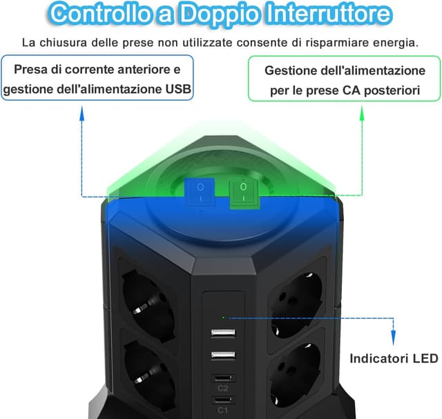 Detalle de TOPREK Multipresa verticale 8 prese universali ITA + USB-C/USB-A 4000W/16A con cavo 2 m