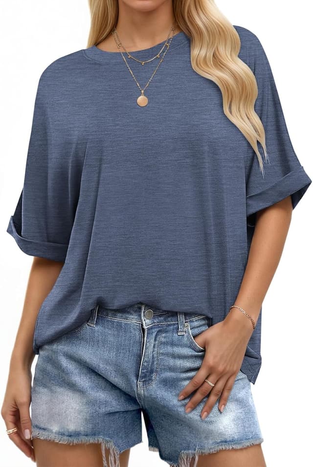 Thumbnail 6 de WNEEDU Oversize Shirt Damen Kurzarm mit Rundhalsausschnitt und gekrempelten Ärmeln