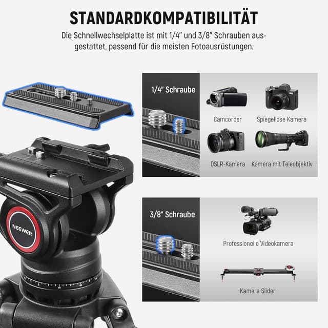 Detalle de NEEWER TP74 Videostativ (74") mit Fluidkopf, Dämpfungsregelung und QR-Platte – Heavy-Duty für DSLR & Camcorder