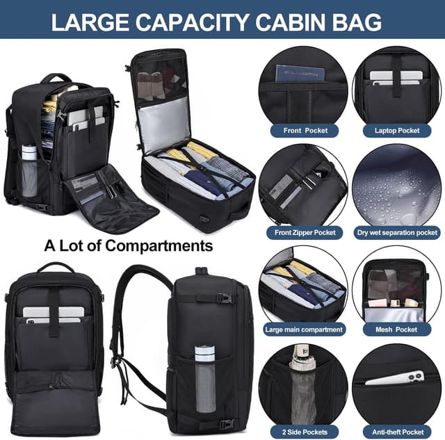 Detalle 2 de Cabin Bag 55x35x25cm (48L) Travel Backpack with USB Charging Port and Laptop Compartment – Cabin carry-on approved, Black