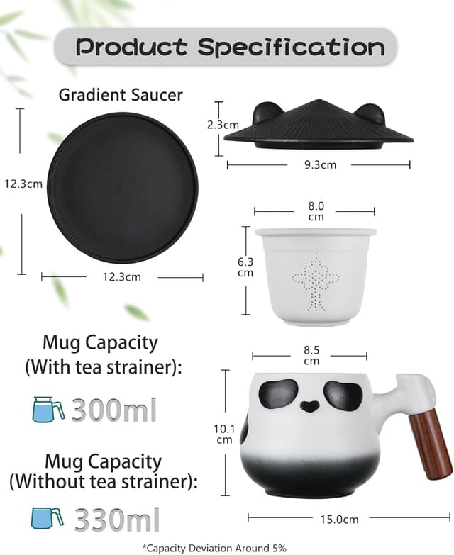 Detalle de ZENS Panda Tea Cup with Infuser and Lid (330 ml) in Ceramic & Wood – Black and White