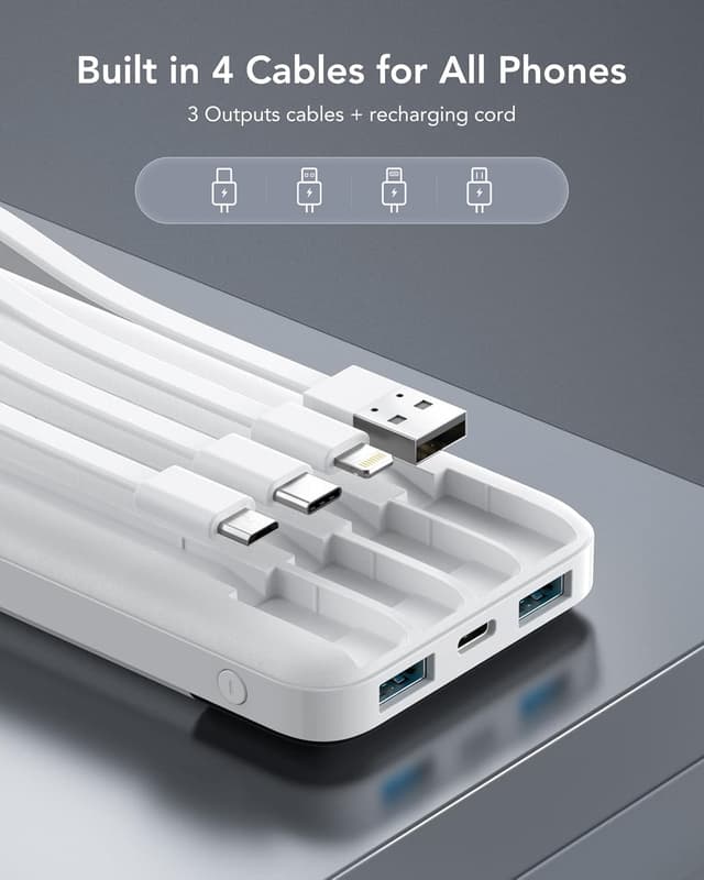 Detalle 2 de Charmast Power Bank with Built-in Cables (x4) 10000mAh, USB-C Portable Charger with 6 Outputs & 3 Inputs