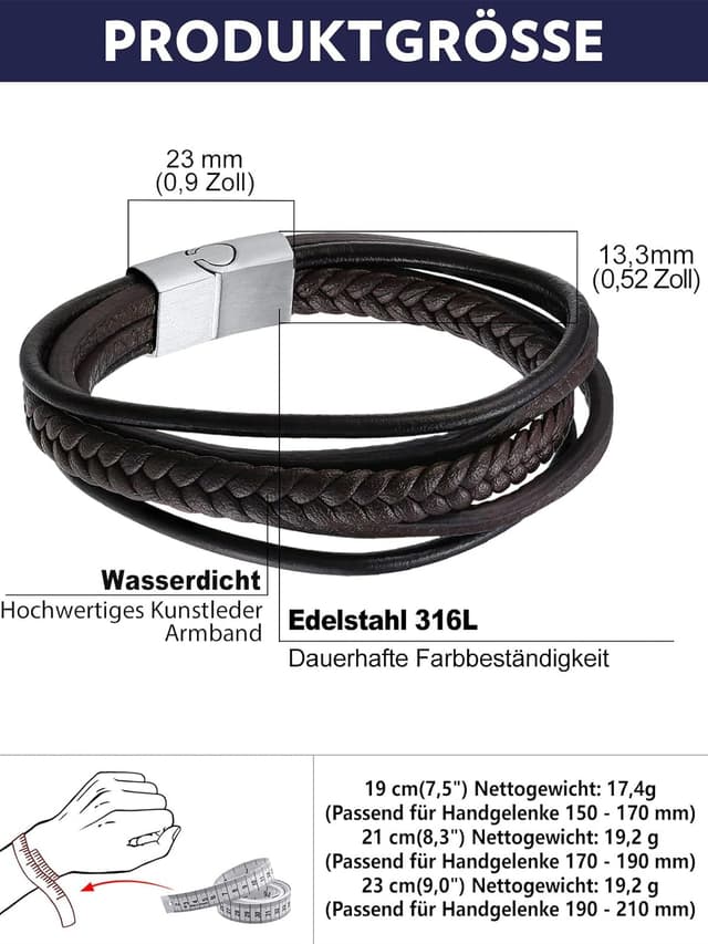 Detalle de Bandmax Herren Lederarmband im Wickel-Look mit Magnetverschluss, braun